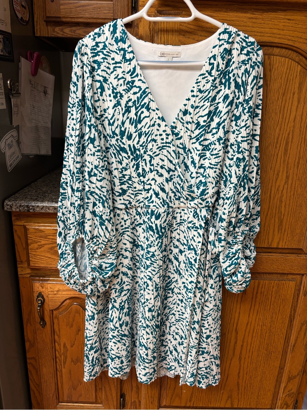 Cato Teal and White Printed V-Neck Wrap-Style Midi Dress
